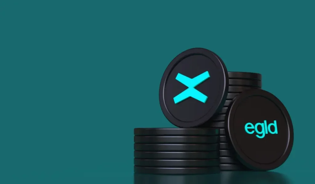 Illustration of EGLD tokenomics showing MultiversX supply model, staking rewards, governance, transaction fees, and network security mechanisms.