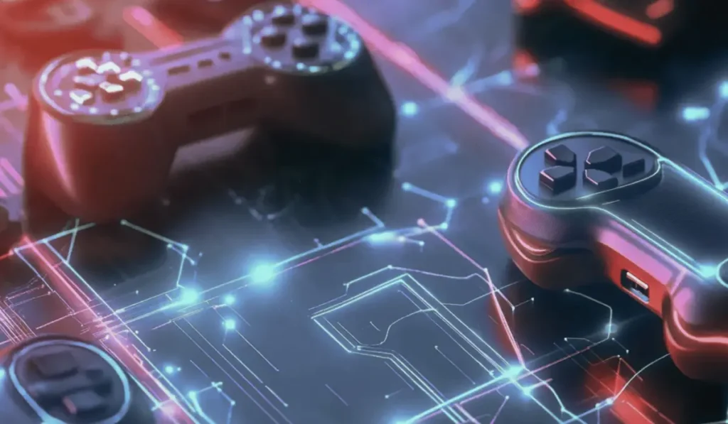 Modern gaming ecosystem with players, esports, streaming, and cloud gaming platforms.